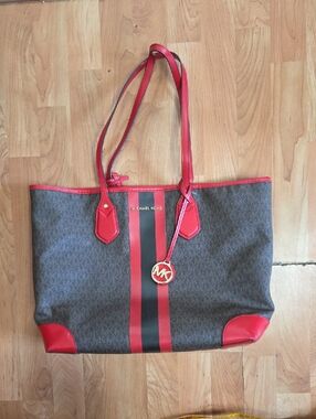 Michael Kors Brown Signature Tote with Red Trim and Black Stripe